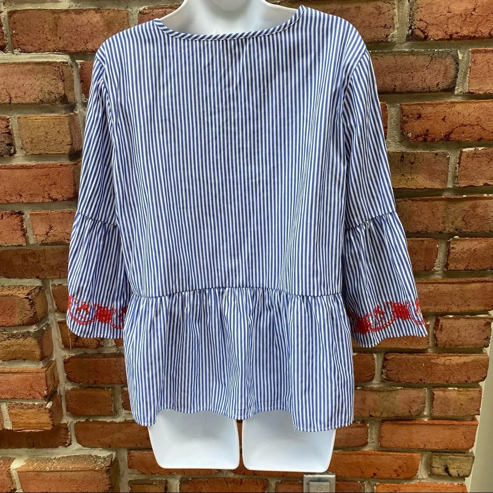 Primark Blue White Striped Blouse Red Embroidery - Picture 7 of 8